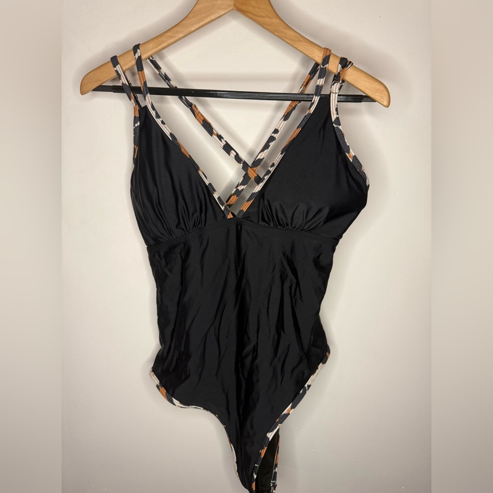 Black One-Piece Swimsuit with Leopard/Cheetah Straps and leg detail XL